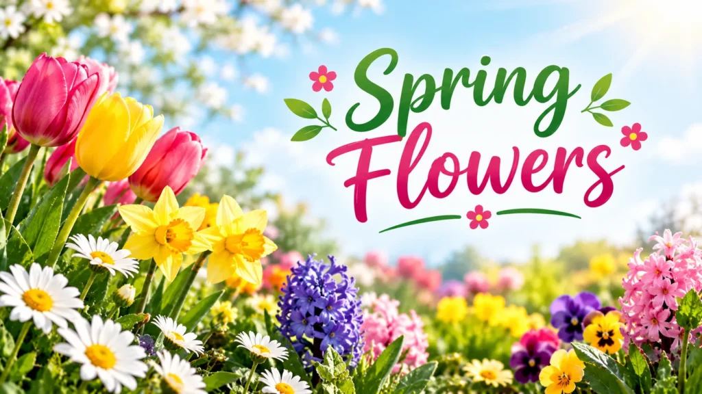 Colorful spring flowers including tulips, daffodils, daisies, hyacinths and pansies under a sunny blue sky.
