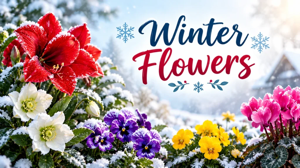 Winter flowers banner with frosted amaryllis, hellebores, pansies, primroses and cyclamen in snow