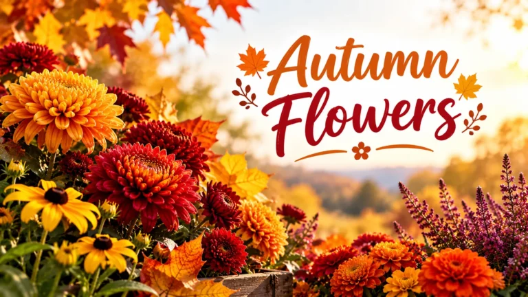 Autumn flowers banner with red chrysanthemums, black-eyed Susans, orange blooms and fall leaves