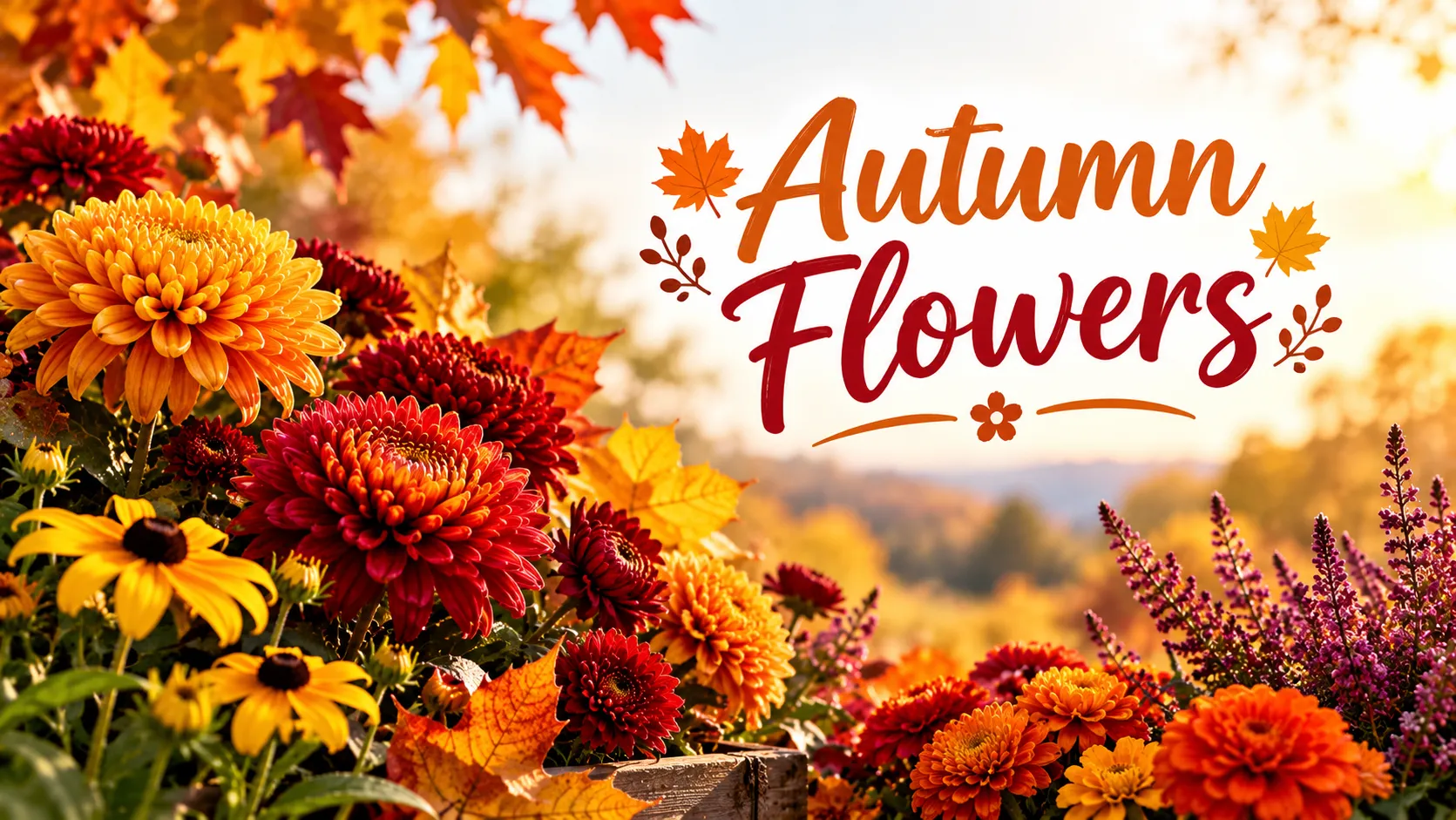 Autumn flowers banner with red chrysanthemums, black-eyed Susans, orange blooms and fall leaves