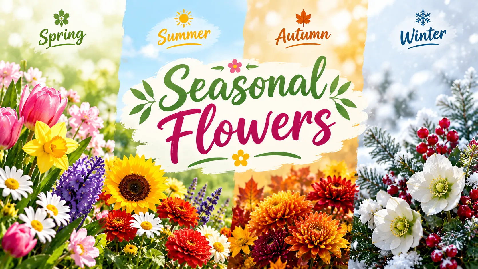 Seasonal flowers by season: spring tulips, summer sunflowers, autumn chrysanthemums and winter hellebores in snow