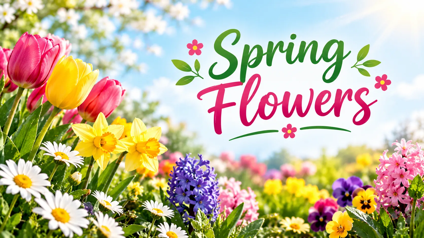 Colorful spring flowers including tulips, daffodils, daisies, hyacinths and pansies under a sunny blue sky.