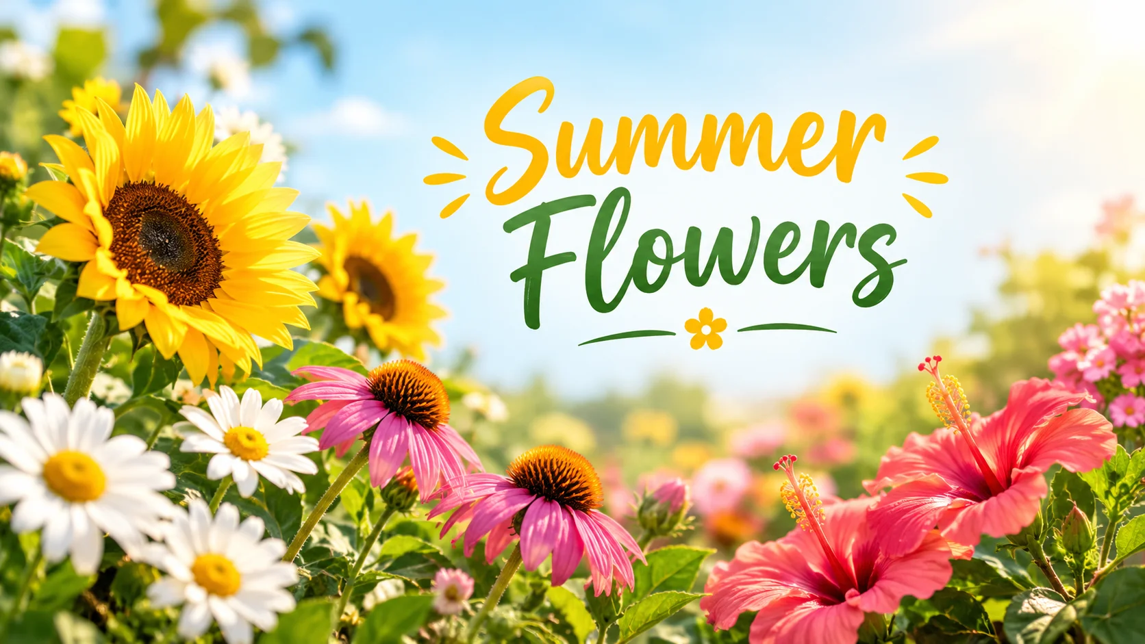 Colorful summer flowers including sunflowers, daisies, coneflowers and hibiscus blooming in a sunny garden