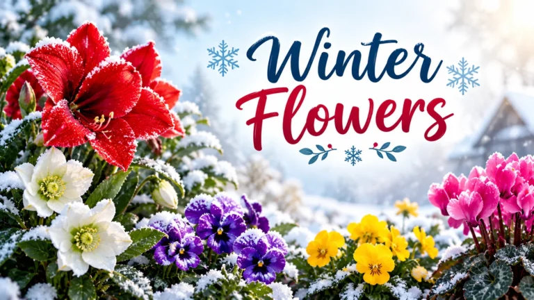 Winter flowers banner with frosted amaryllis, hellebores, pansies, primroses and cyclamen in snow
