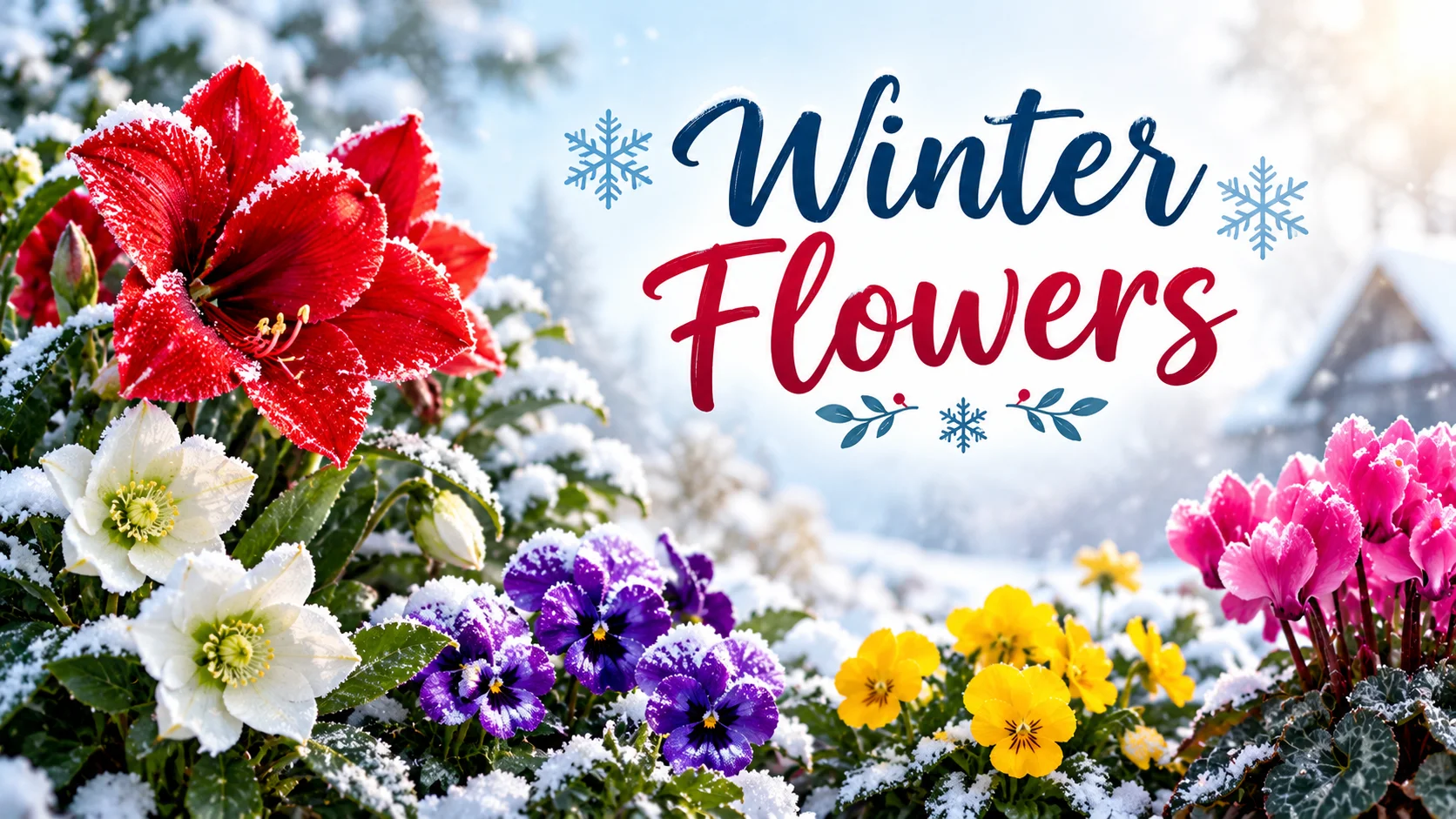 Winter flowers banner with frosted amaryllis, hellebores, pansies, primroses and cyclamen in snow